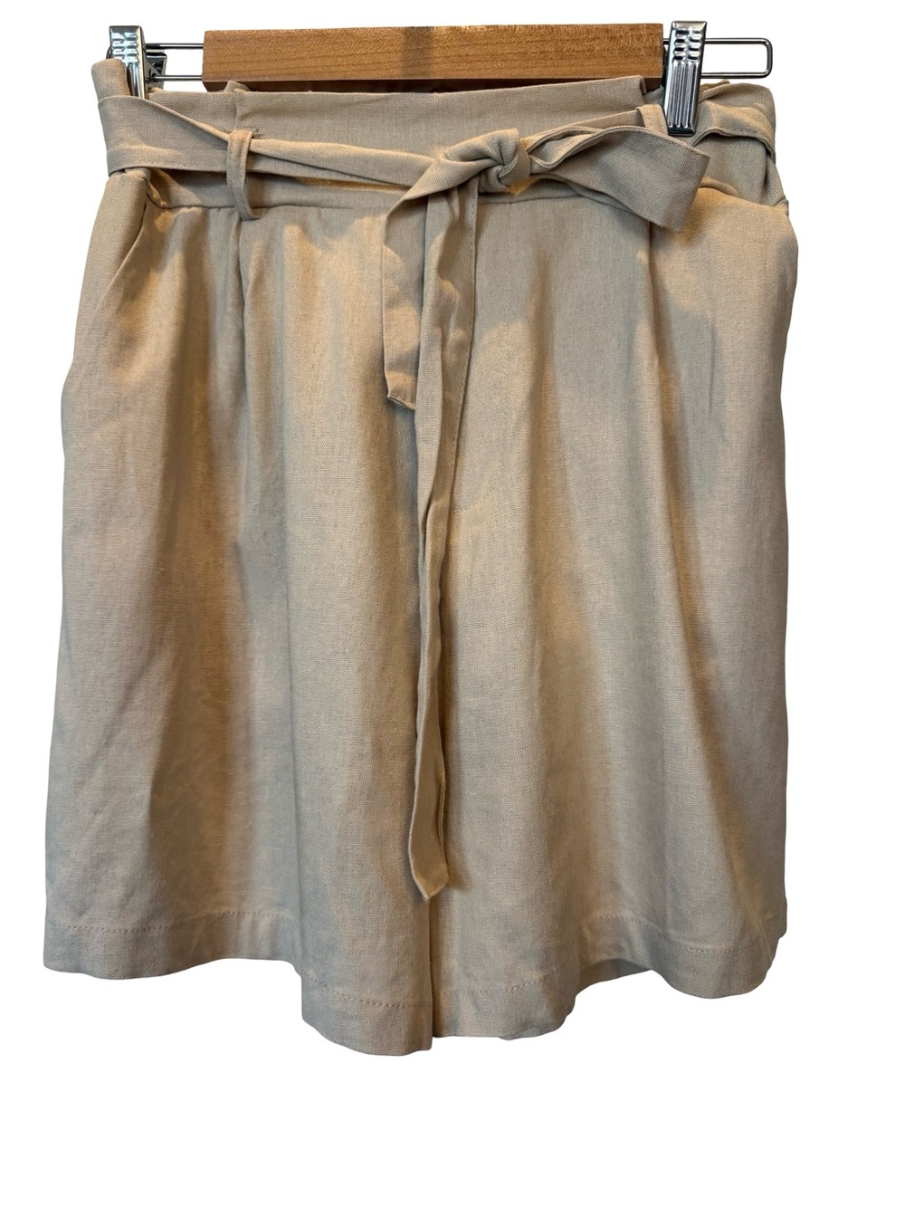 Amisu Linen Blend Paperbag Waist Shorts Pockets Tie Waist Beige Size 14 NWT